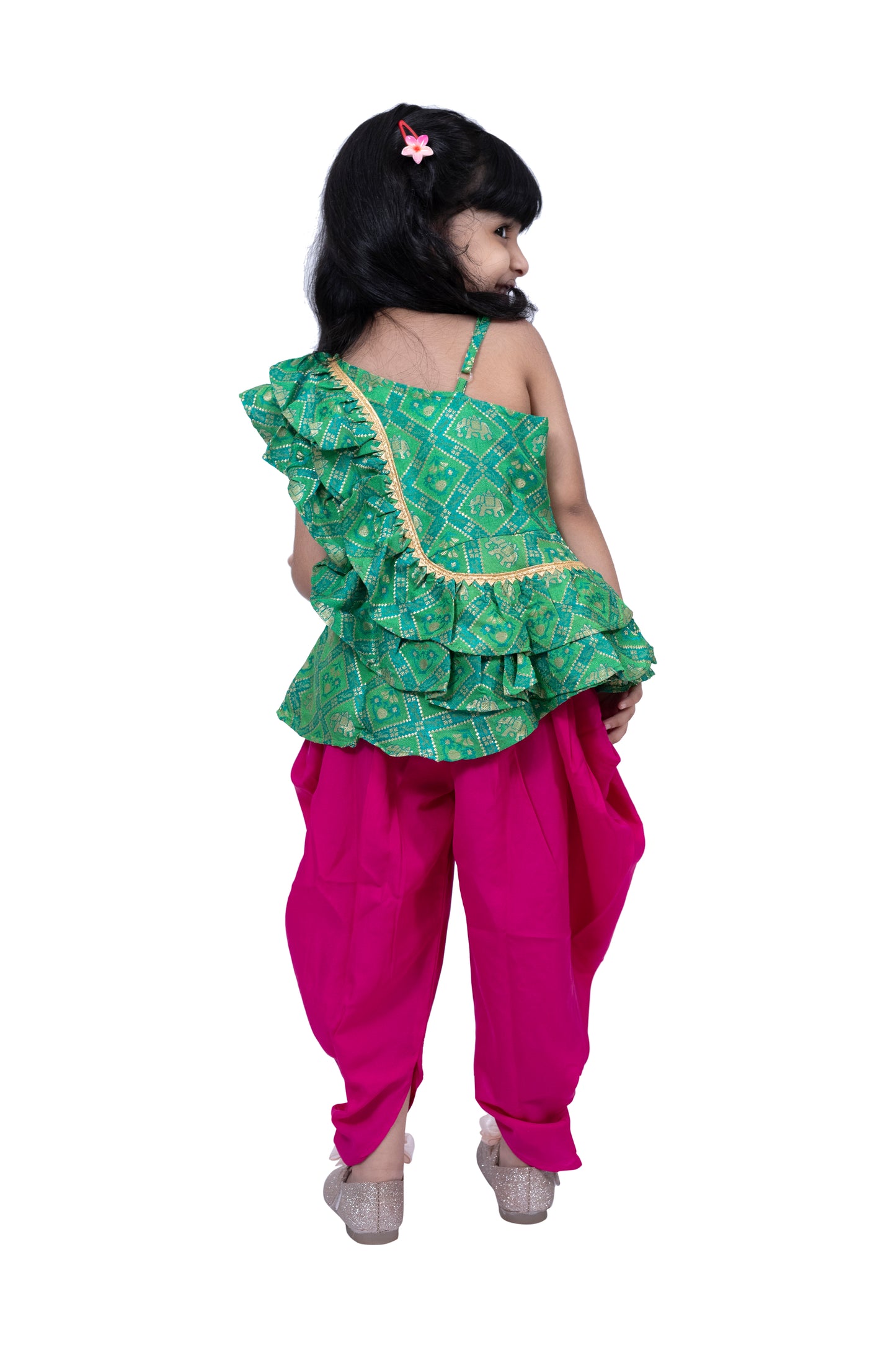 Twisha Sleeveless Embellished Top with Dhoti -Green & Pink