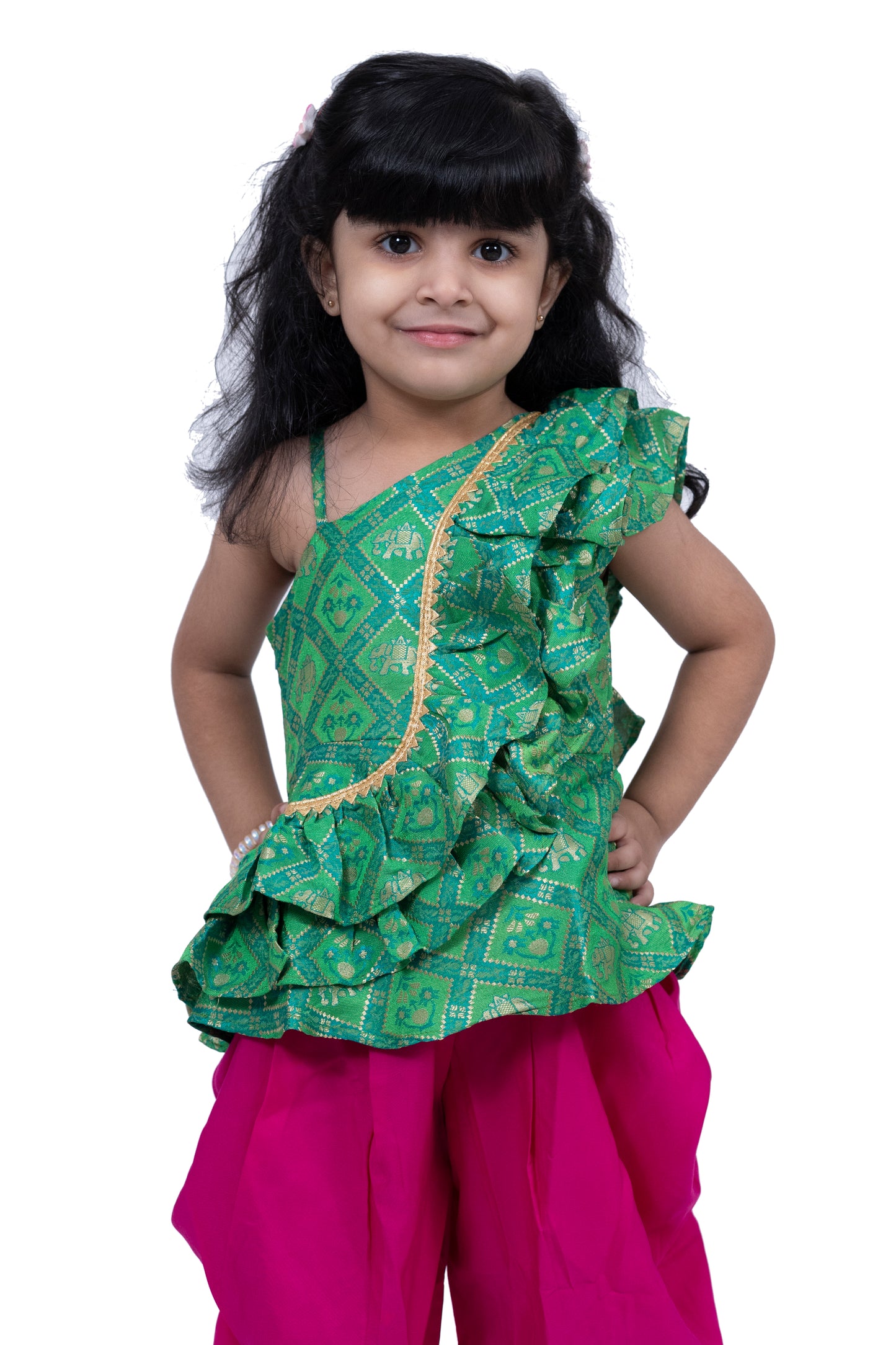 Twisha Sleeveless Embellished Top with Dhoti -Green & Pink