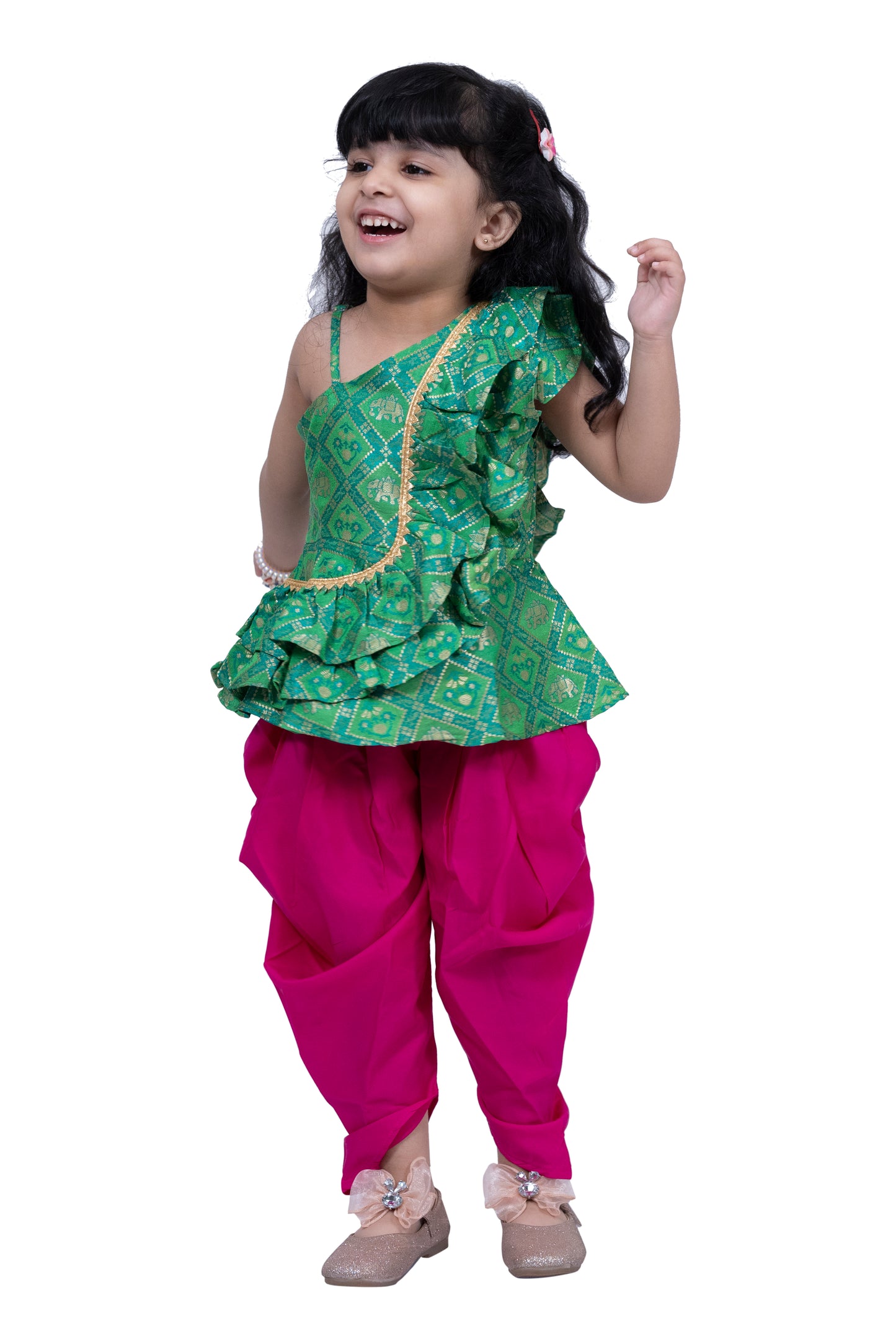 Twisha Sleeveless Embellished Top with Dhoti -Green & Pink