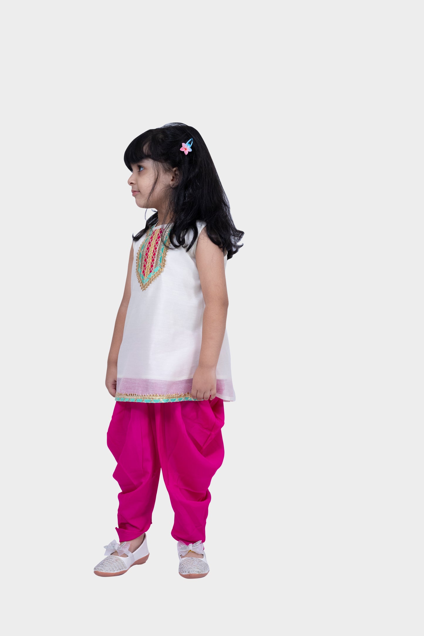 Twisha Sleeveless Embellished Top with Dhoti -White & Pink
