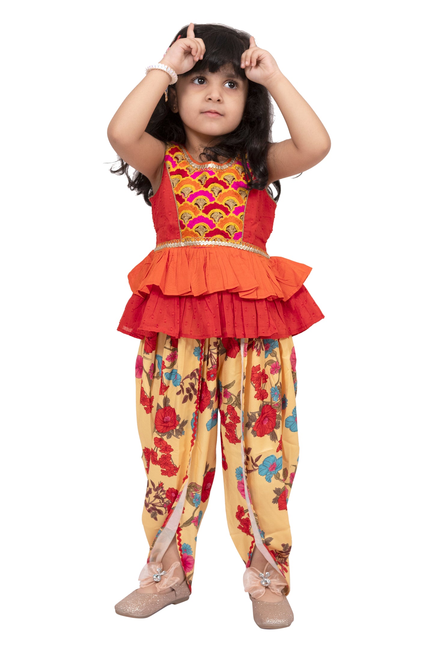 Twisha Cotton Sleeveless Embroidered Top with Dhoti -Orange & Yellow