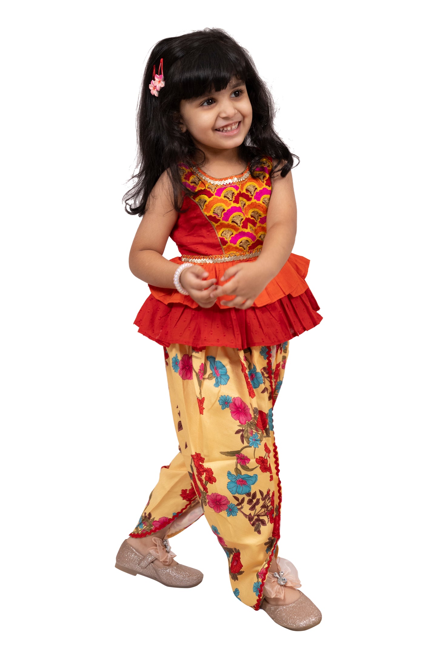Twisha Cotton Sleeveless Embroidered Top with Dhoti -Orange & Yellow