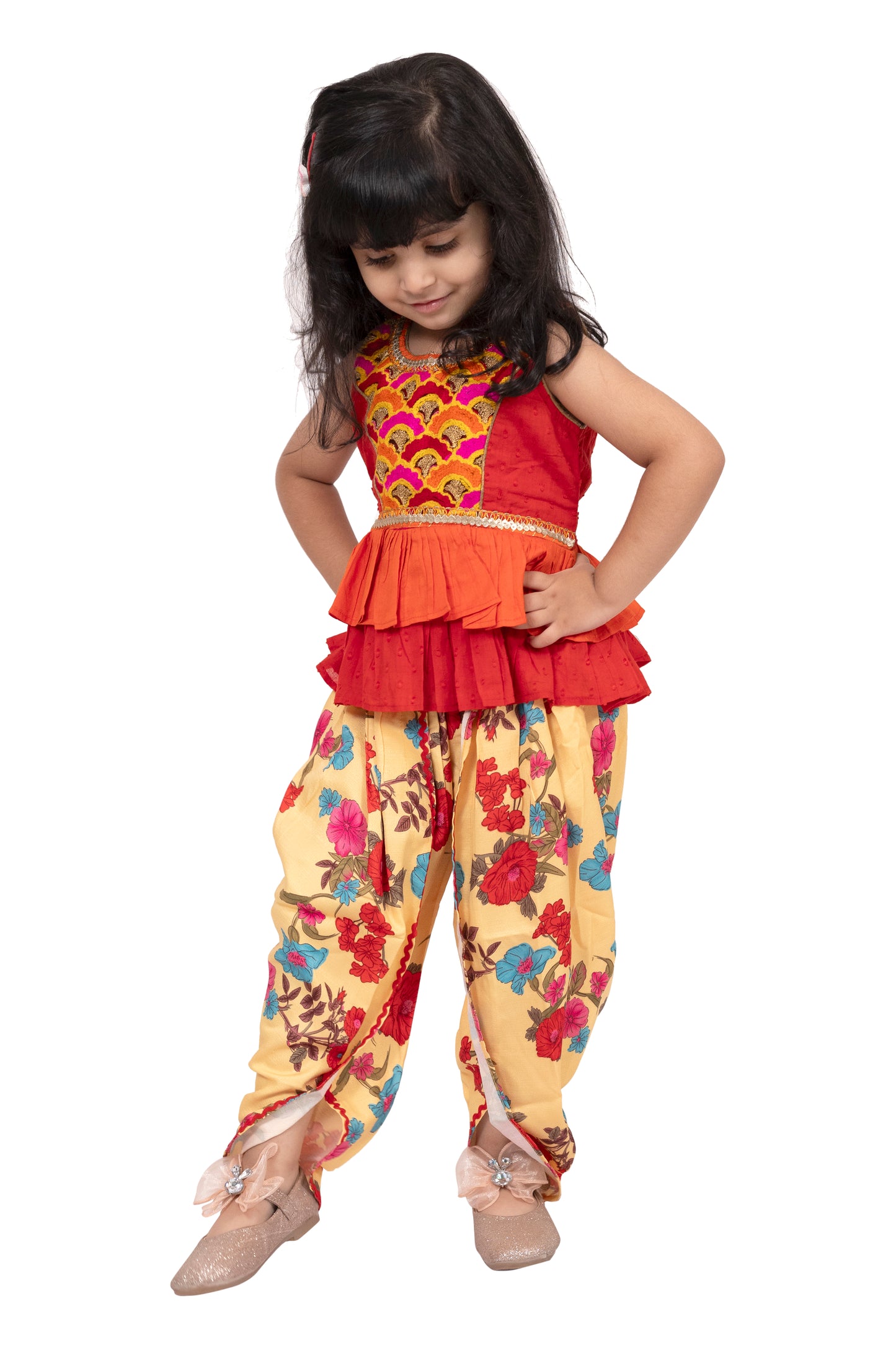 Twisha Cotton Sleeveless Embroidered Top with Dhoti -Orange & Yellow