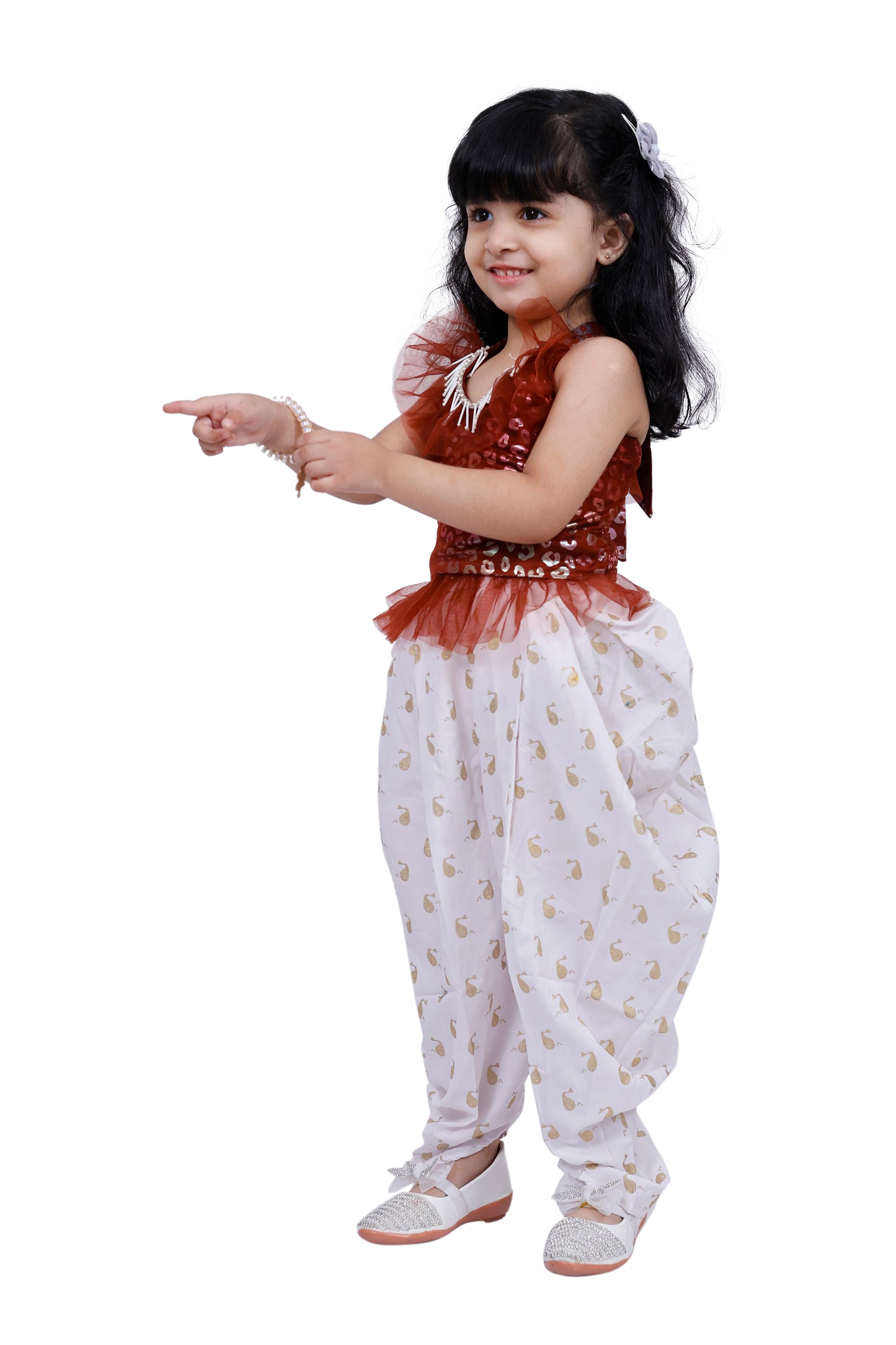 Twisha Sleeveless All over Printed Top with Dhoti -Brown & White