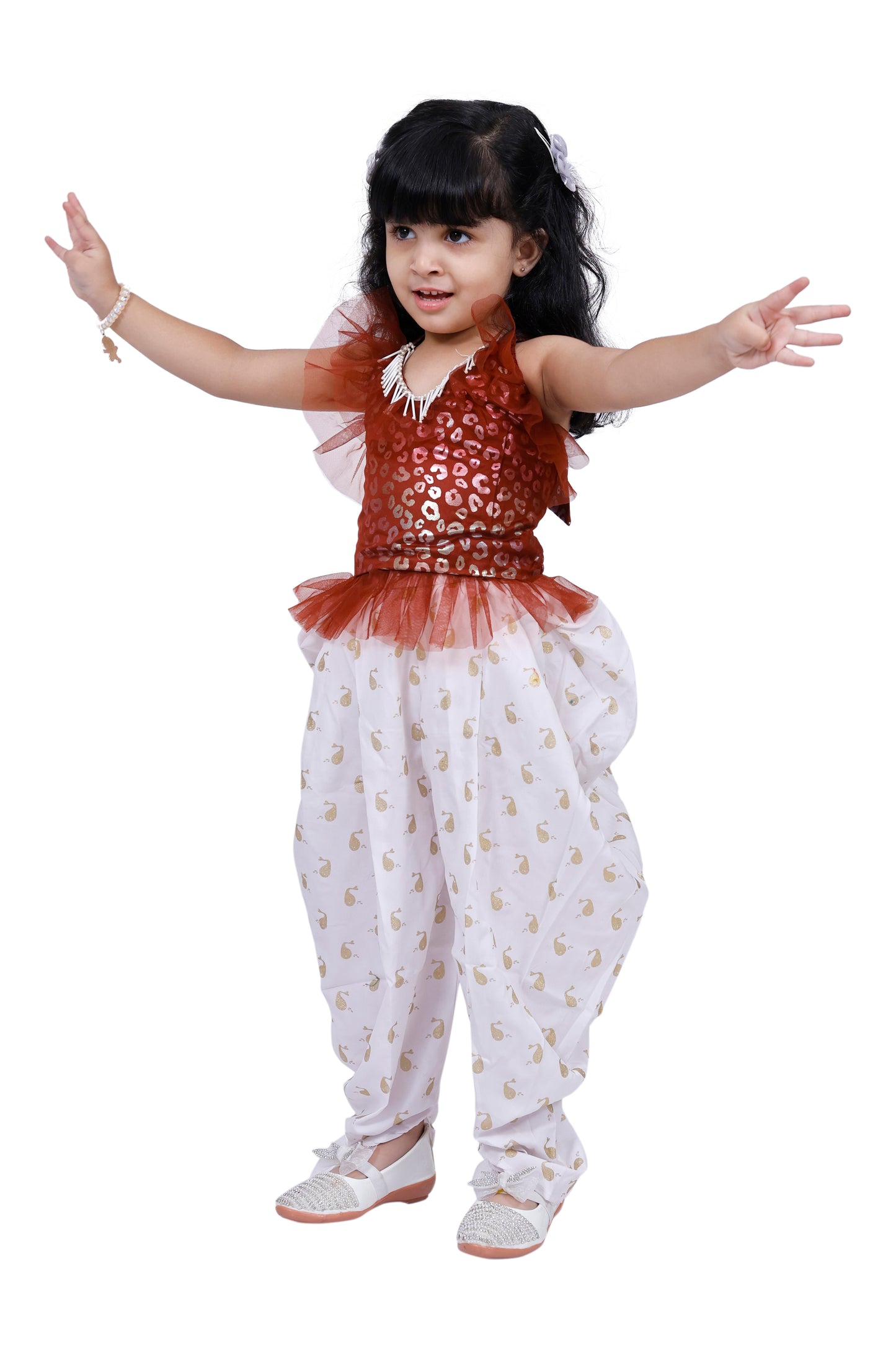 Twisha Sleeveless All over Printed Top with Dhoti -Brown & White