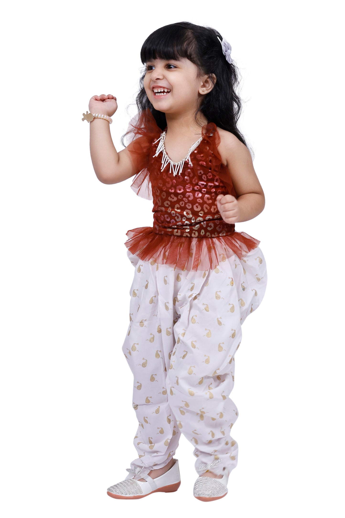 Twisha Sleeveless All over Printed Top with Dhoti -Brown & White