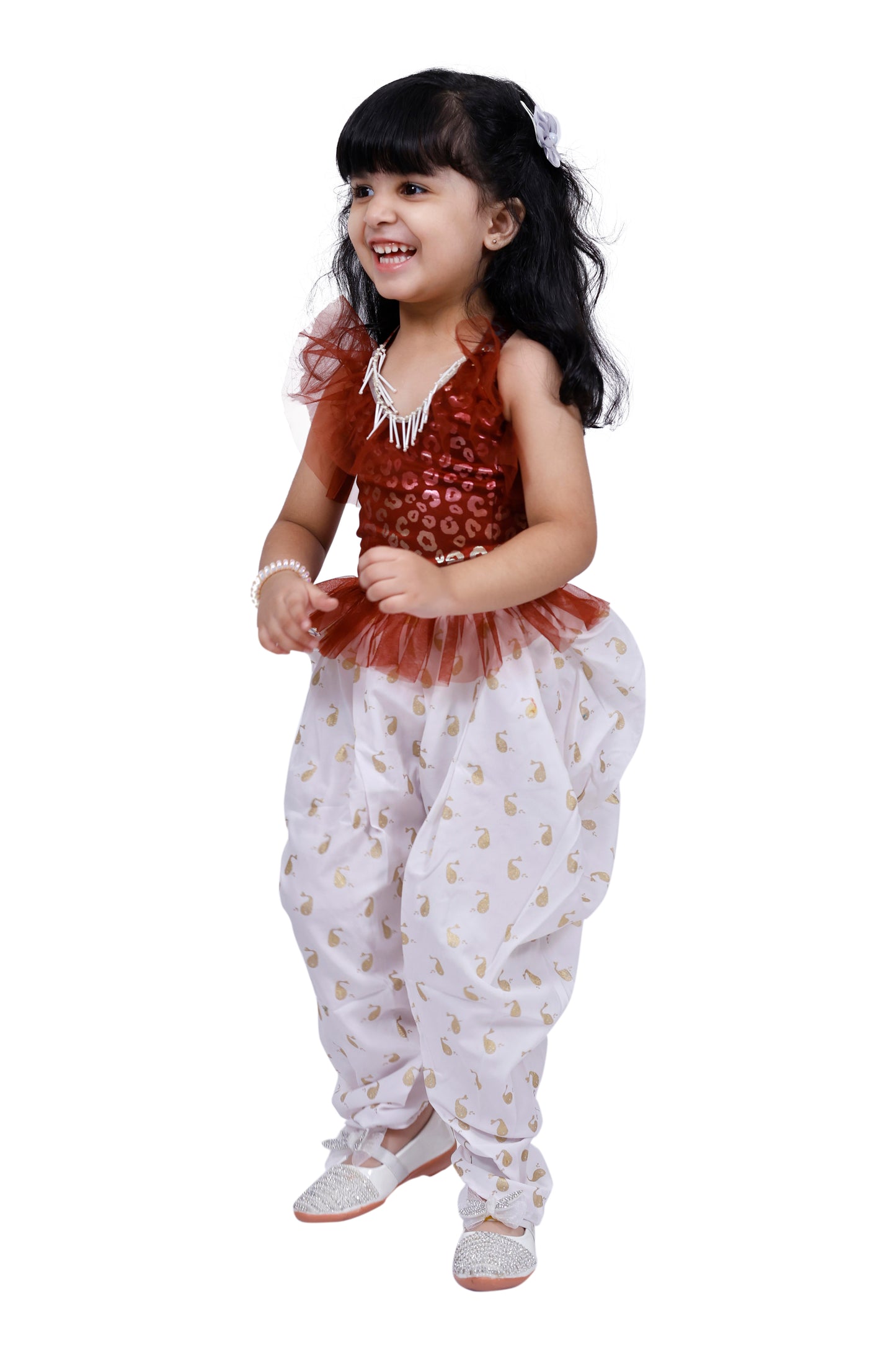 Twisha Sleeveless All over Printed Top with Dhoti -Brown & White