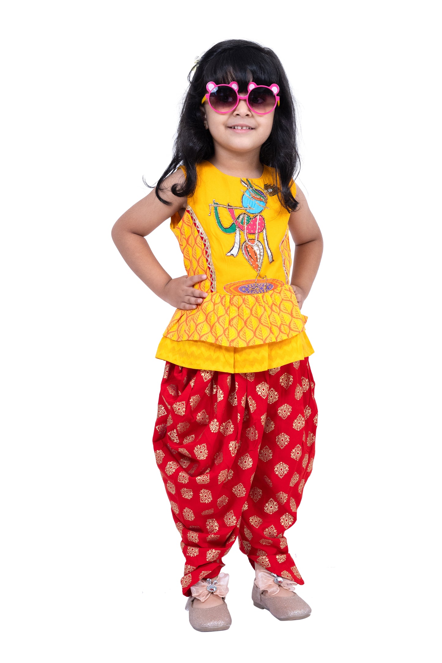 Twisha Cotton Sleeveless Krishna Printed Top & Dhoti -Yellow & Red
