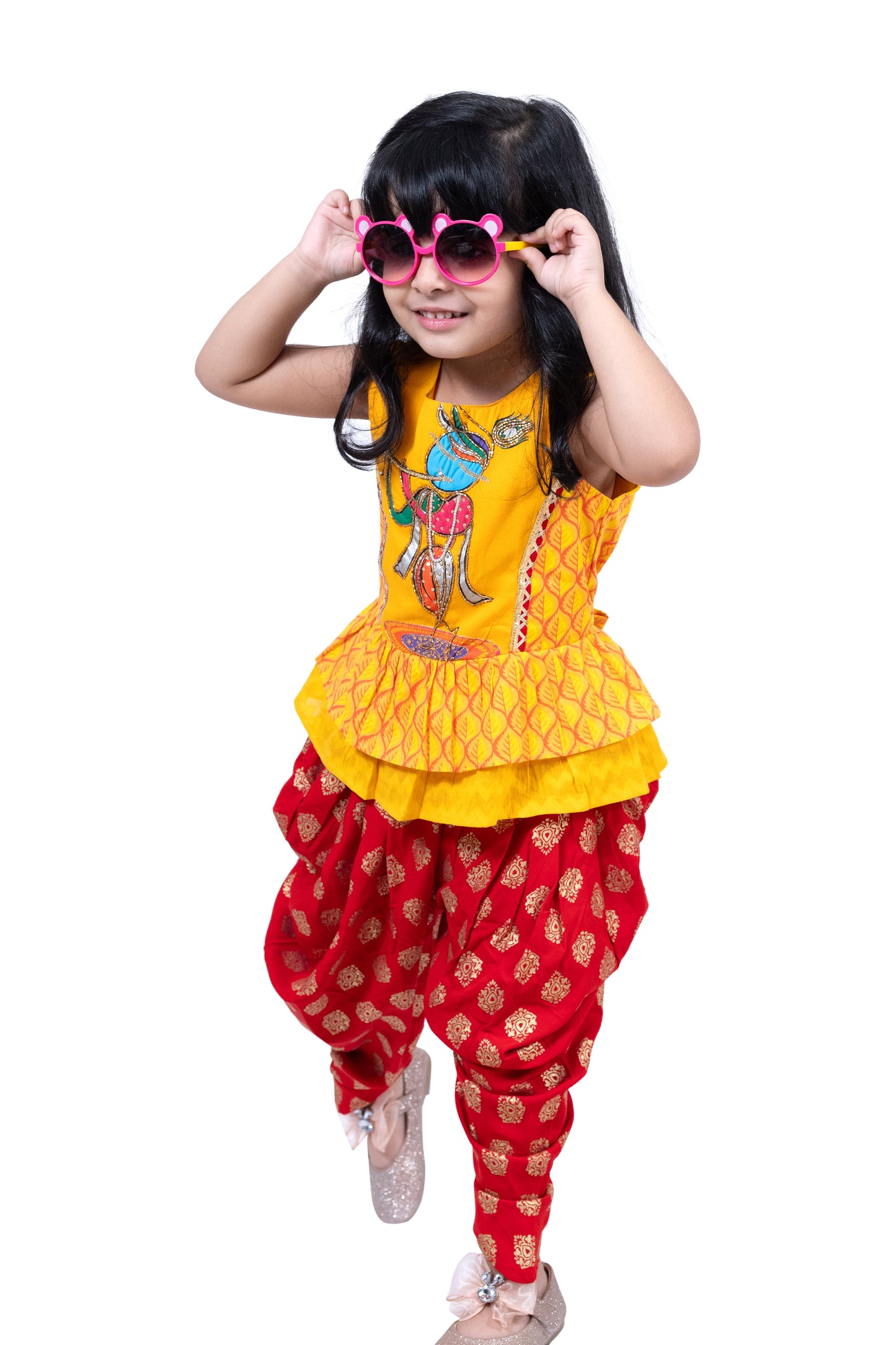 Twisha Cotton Sleeveless Krishna Printed Top & Dhoti -Yellow & Red