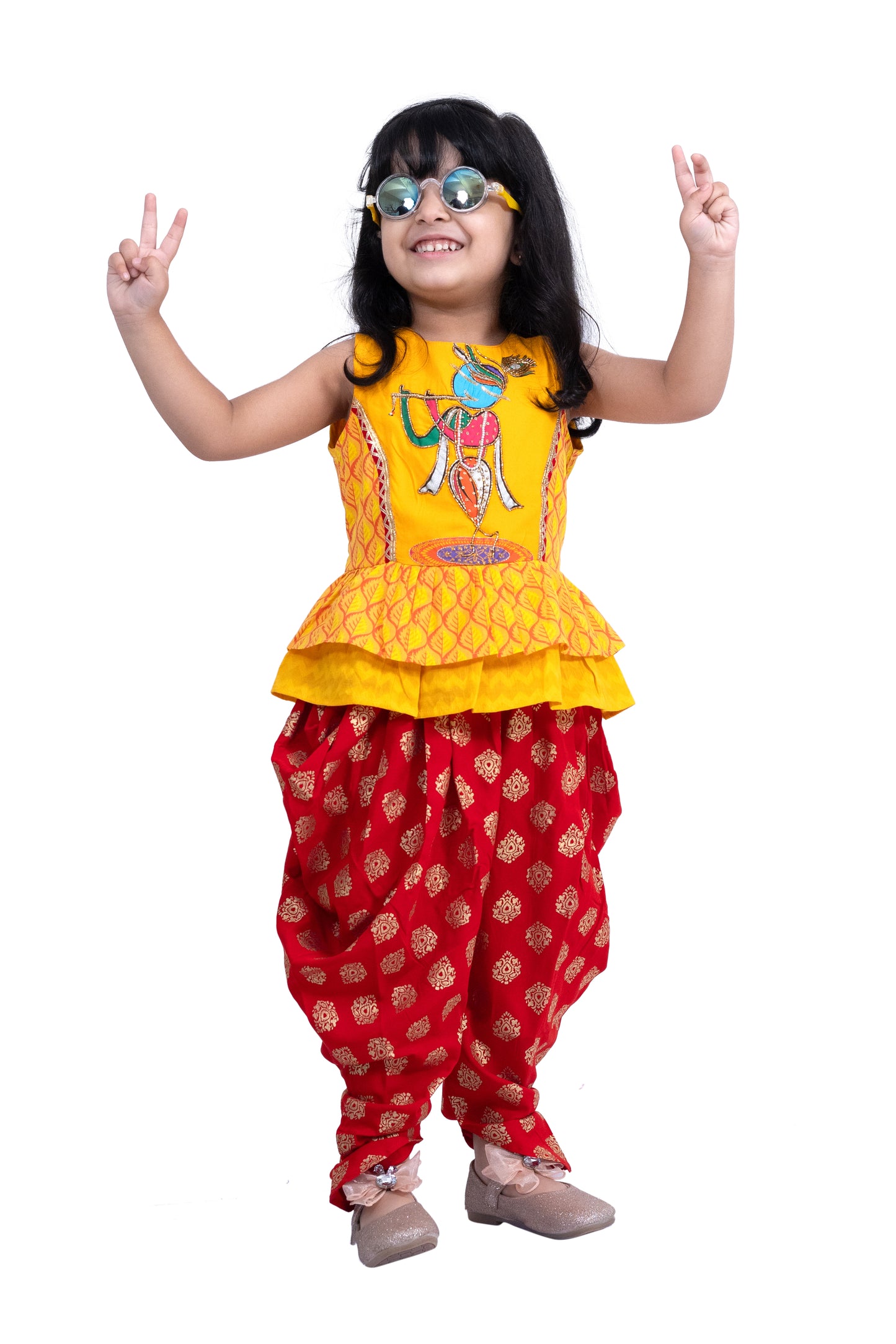 Twisha Cotton Sleeveless Krishna Printed Top & Dhoti -Yellow & Red