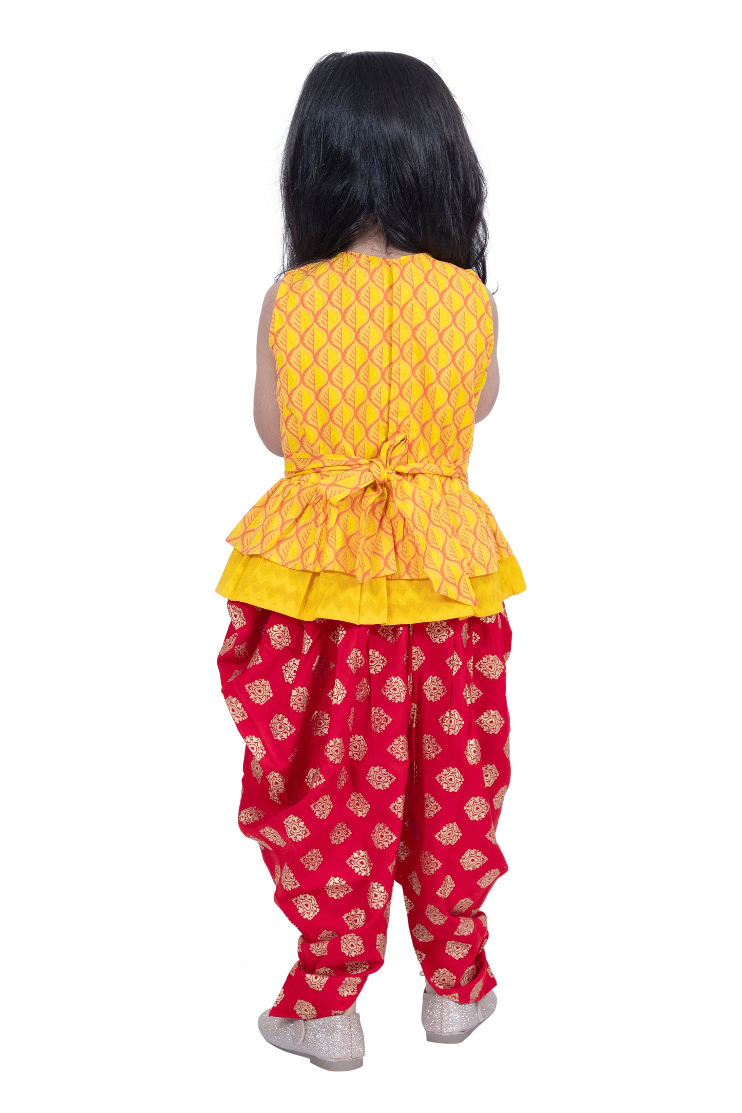 Twisha Cotton Sleeveless Krishna Printed Top & Dhoti -Yellow & Red