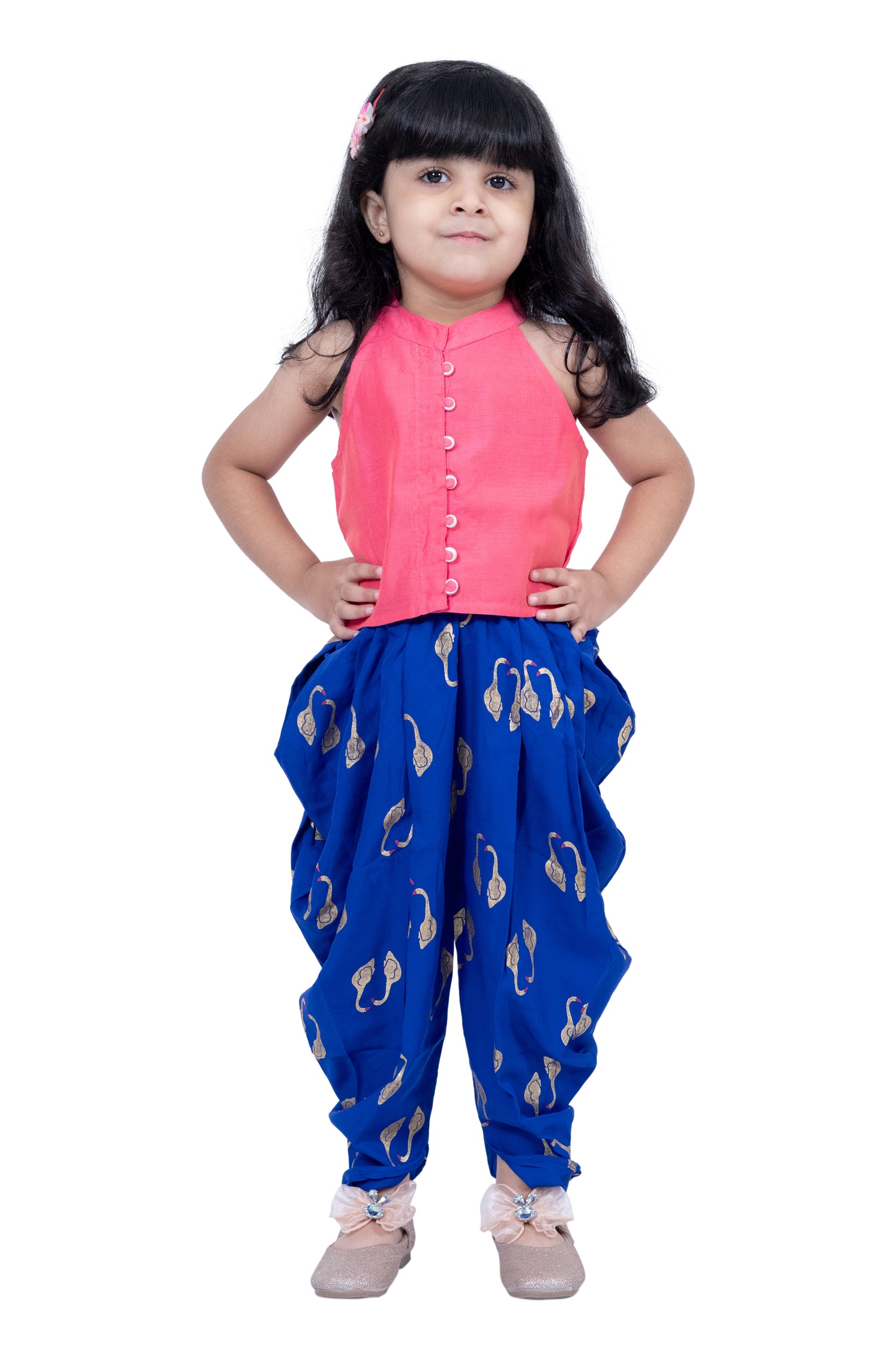Twisha Sleevless Incut Potali Button Top With Dhoti - Coral & Blue