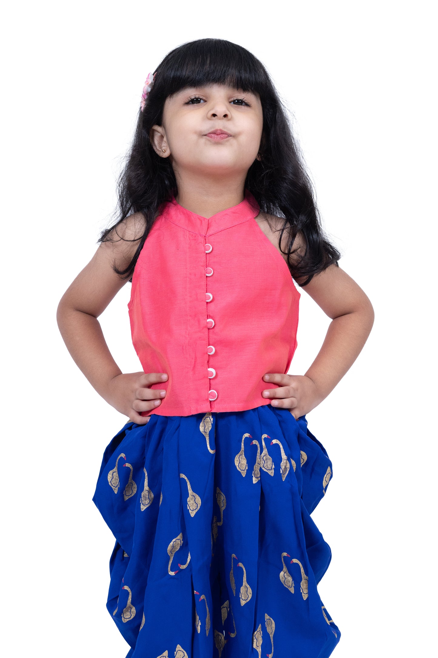 Twisha Sleevless Incut Potali Button Top With Dhoti - Coral & Blue