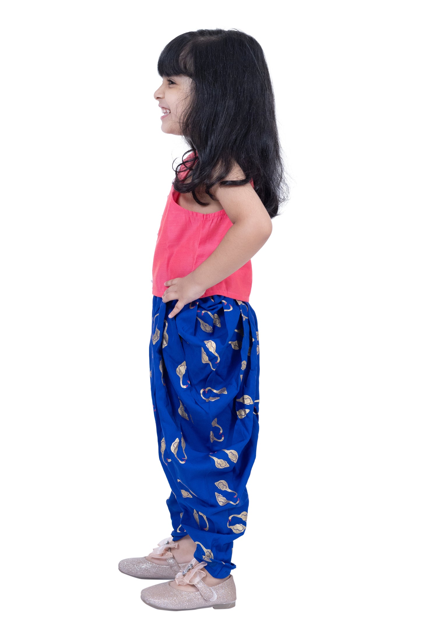 Twisha Sleevless Incut Potali Button Top With Dhoti - Coral & Blue
