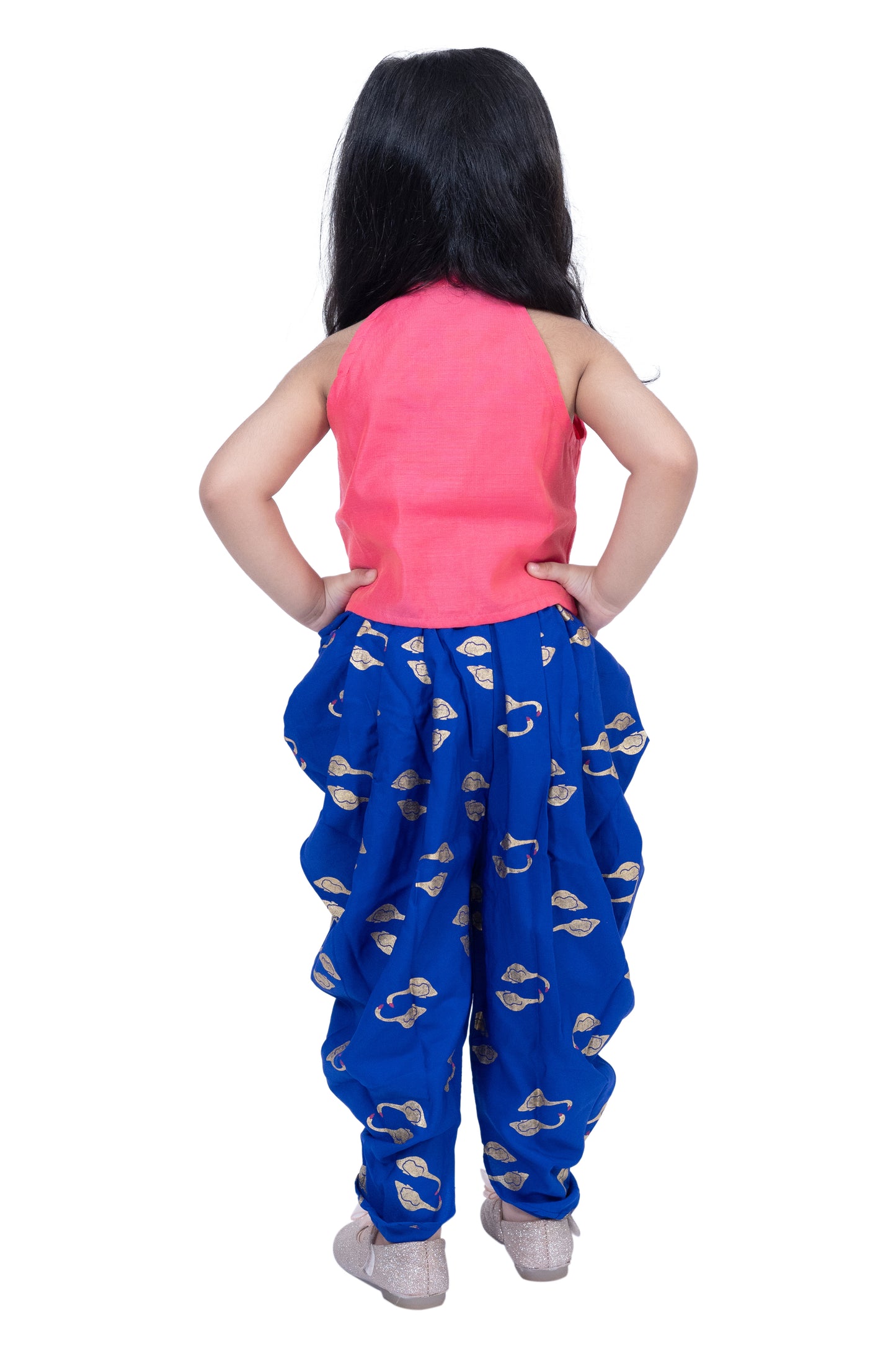 Twisha Sleevless Incut Potali Button Top With Dhoti - Coral & Blue
