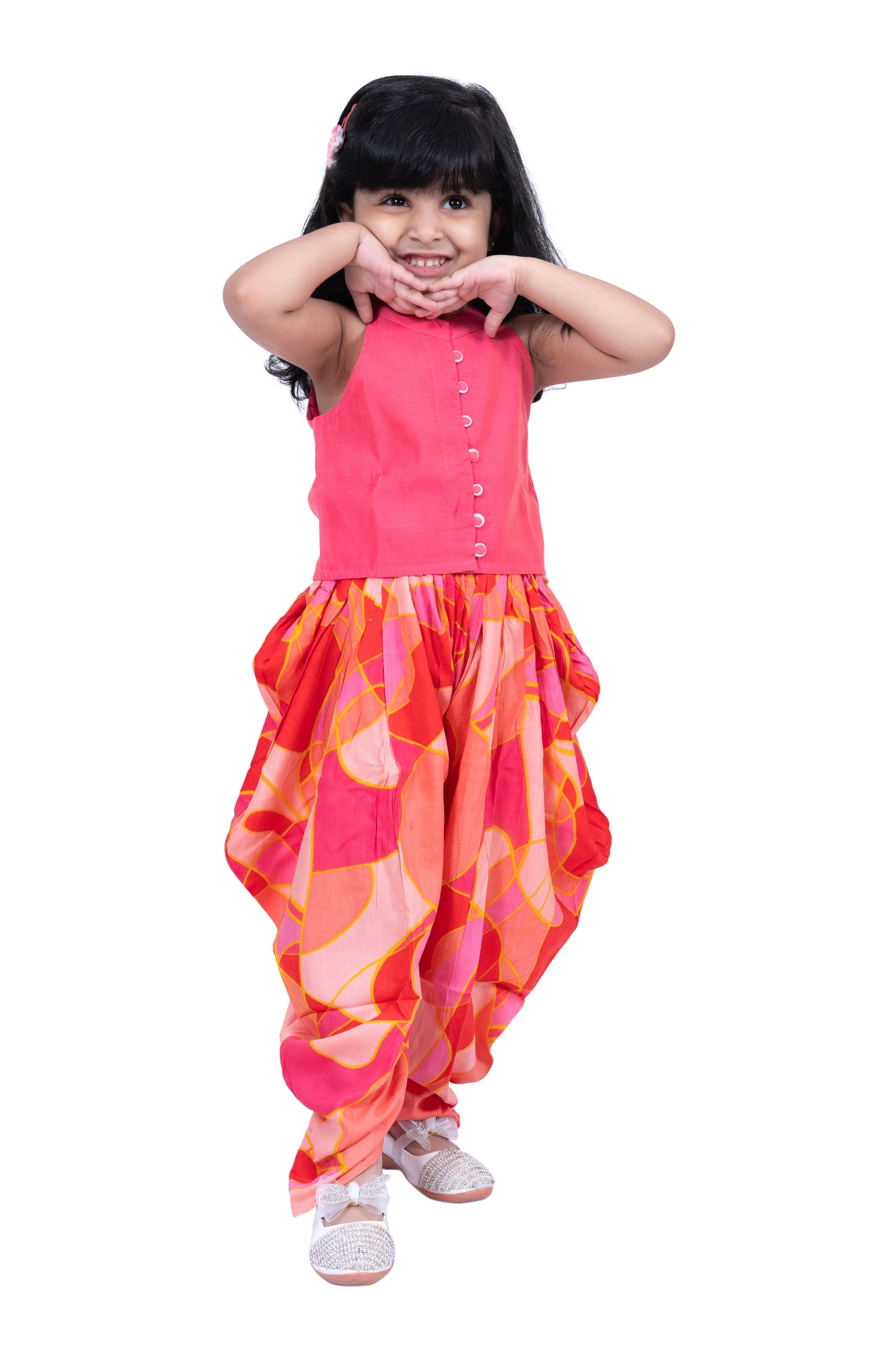 Twisha Sleevless Incut Potali Button Top With Dhoti - Coral