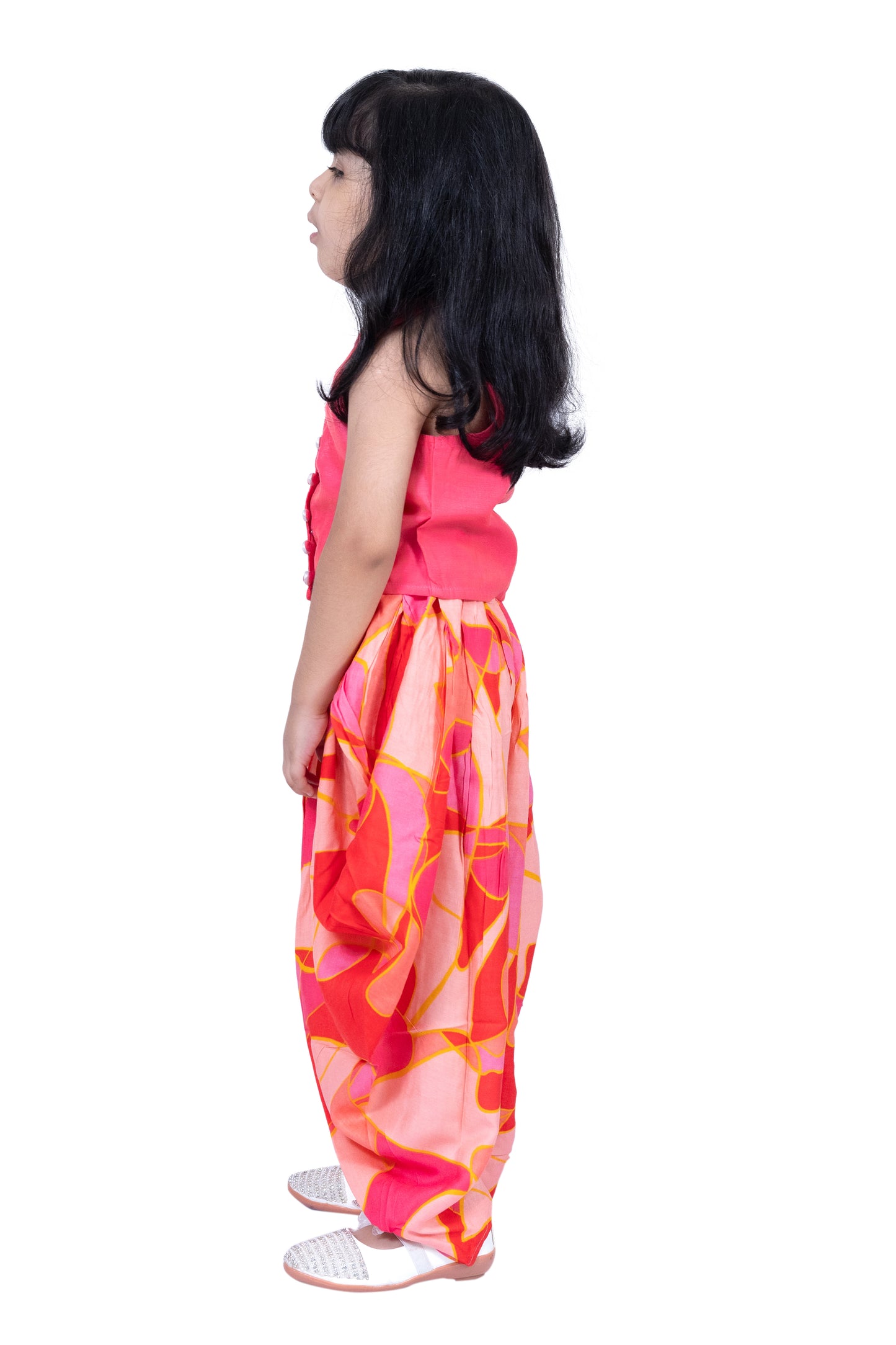 Twisha Sleevless Incut Potali Button Top With Dhoti - Coral