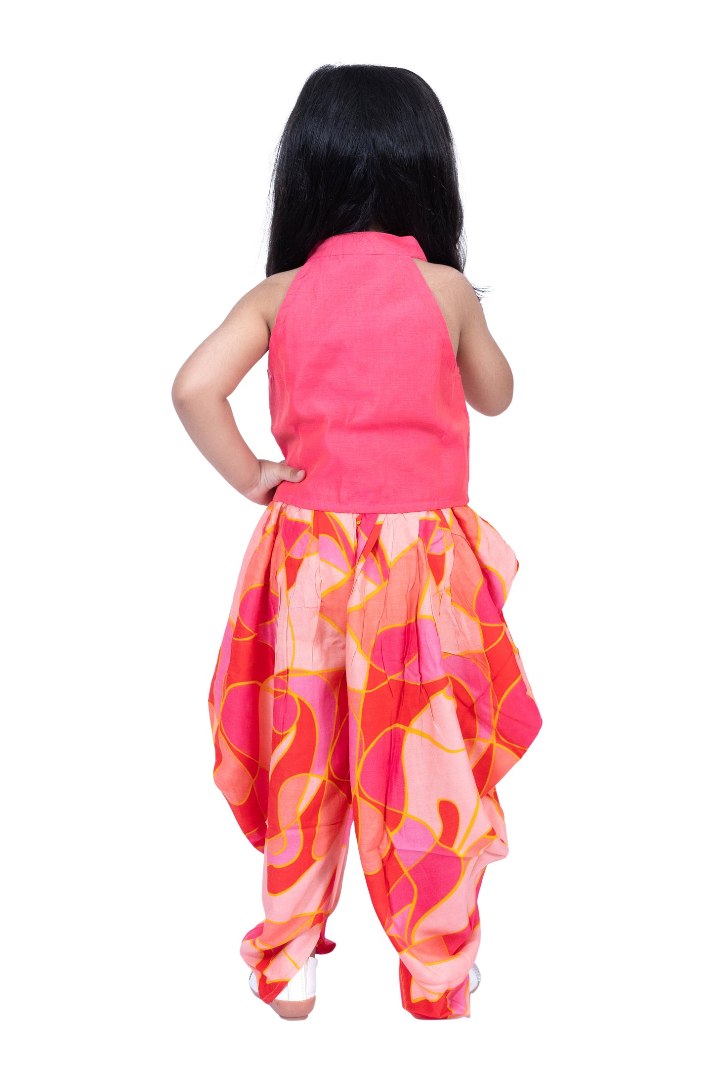 Twisha Sleevless Incut Potali Button Top With Dhoti - Coral