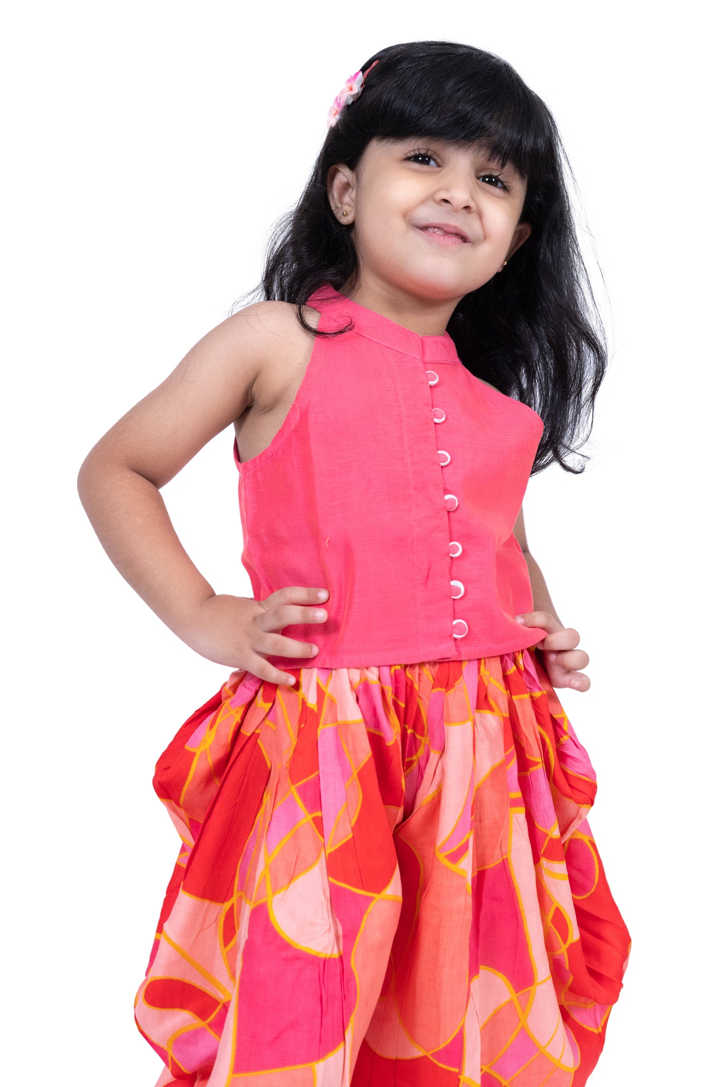 Twisha Sleevless Incut Potali Button Top With Dhoti - Coral