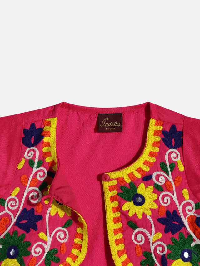 Twisha Girls Floral Embroiderd Jacket with Printed Jumpsuit - Purple & Pink