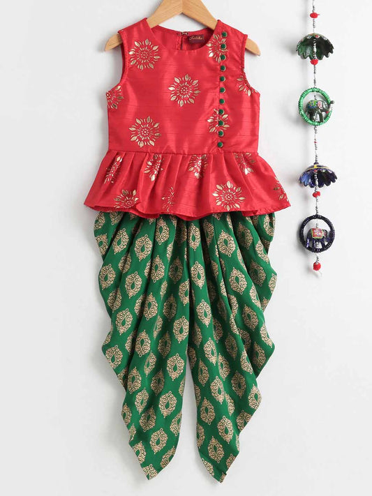 Gold Print Sleeveless Peplum Round Neck Top With Floral Gold Print Dhoti - Red & Green