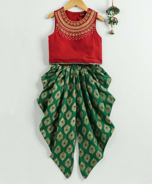 Embroidered Top With Printed Dhoti-Red