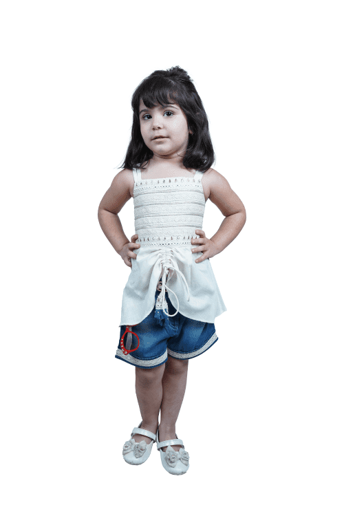 Twisha Girls Embroidered Designer Top & Denim Shorts - Off White & Blue