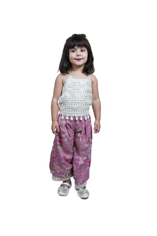Twisha white Embroidered Top With floral printed kota Palazzo - White & Pink
