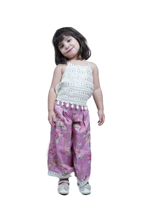 Twisha white Embroidered Top With floral printed kota Palazzo - White & Pink