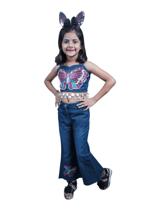 Twisha Girls Butterfly embroidered crop top with jeans
