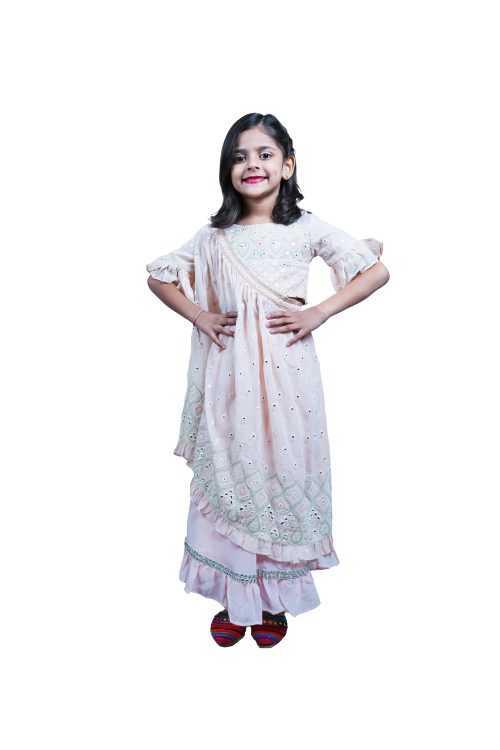 Twisha Embroidered frill Top with Ghagra And Cape-Peach
