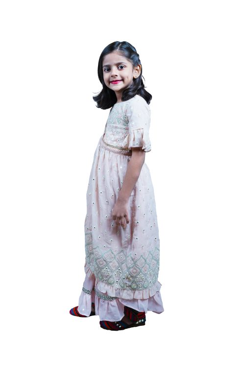 Twisha Embroidered frill Top with Ghagra And Cape-Peach