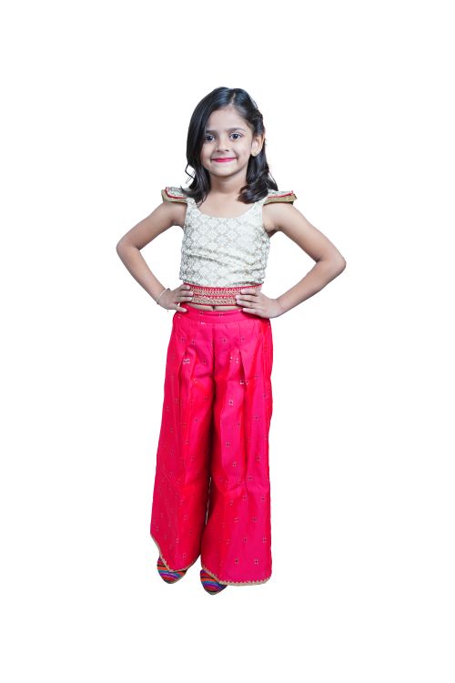 Twisha Girls Frill Detail Brocade Top with woven design Palazzo - Beige & Red