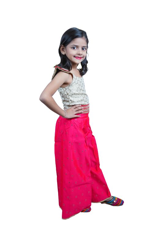 Twisha Girls Frill Detail Brocade Top with woven design Palazzo - Beige & Red
