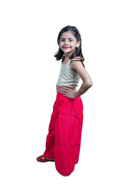 Twisha Girls Frill Detail Brocade Top with woven design Palazzo - Beige & Red
