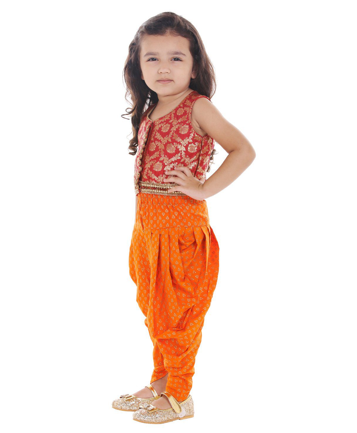 Twisha Girls Brocade Top With Printed Dhoti- Red & Orange