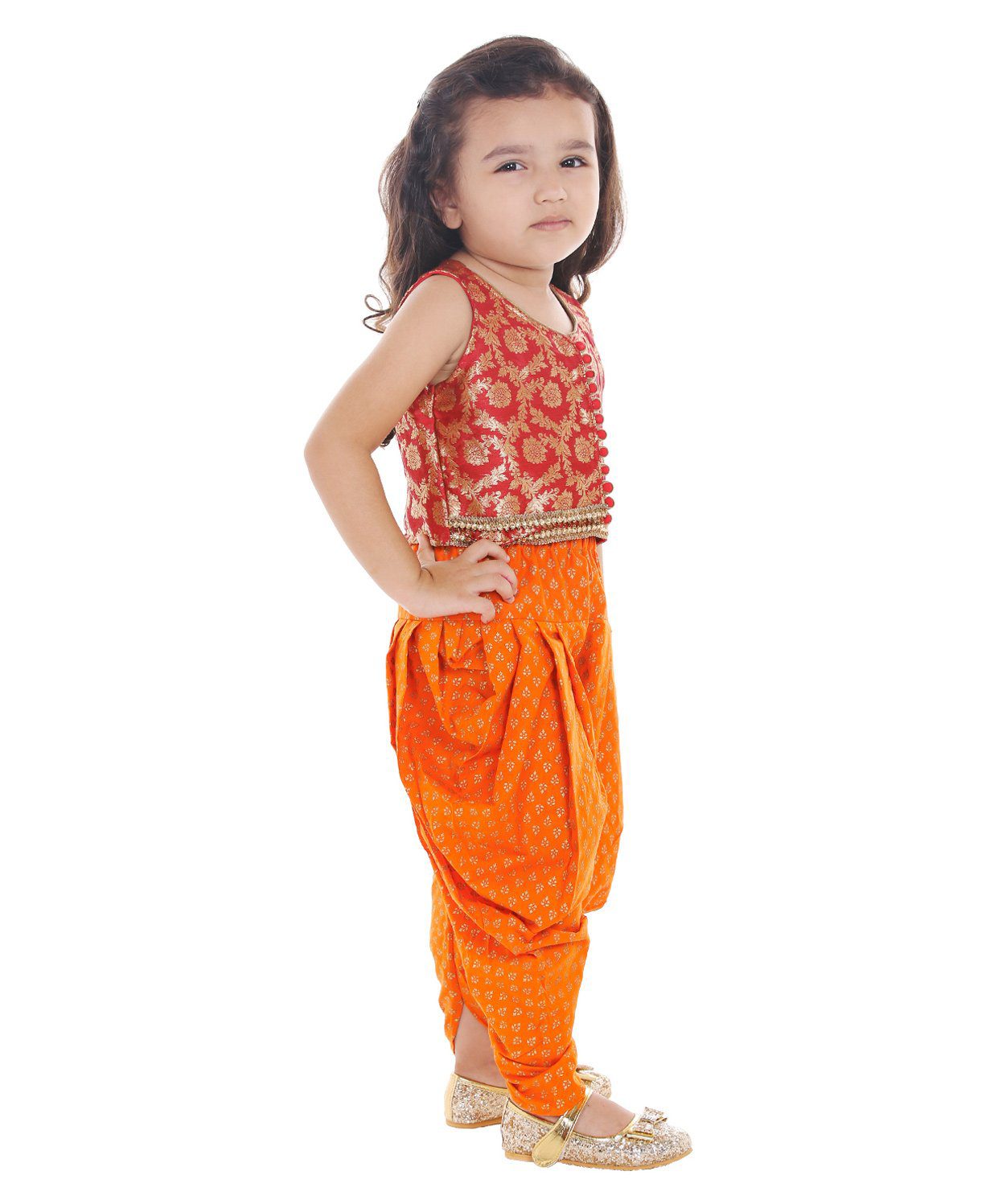 Twisha Girls Brocade Top With Printed Dhoti- Red & Orange