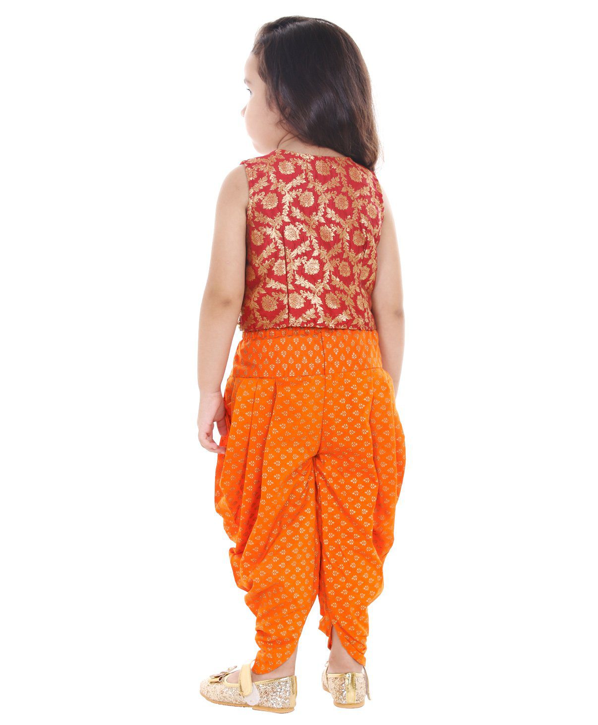 Twisha Girls Brocade Top With Printed Dhoti- Red & Orange