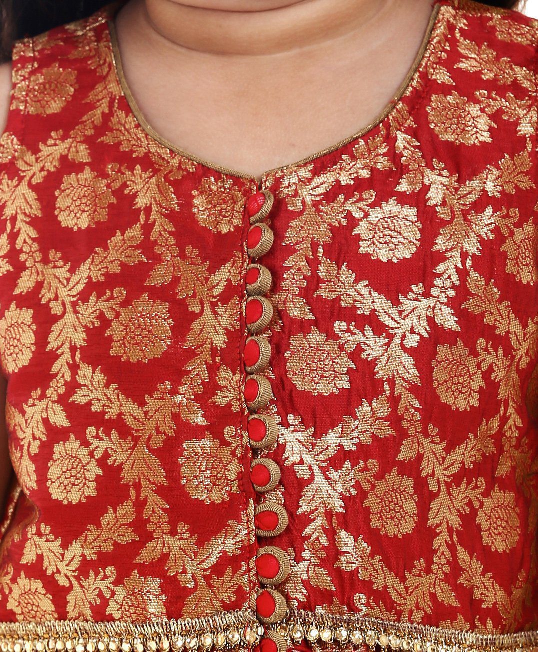 Twisha Girls Brocade Top With Printed Dhoti- Red & Orange