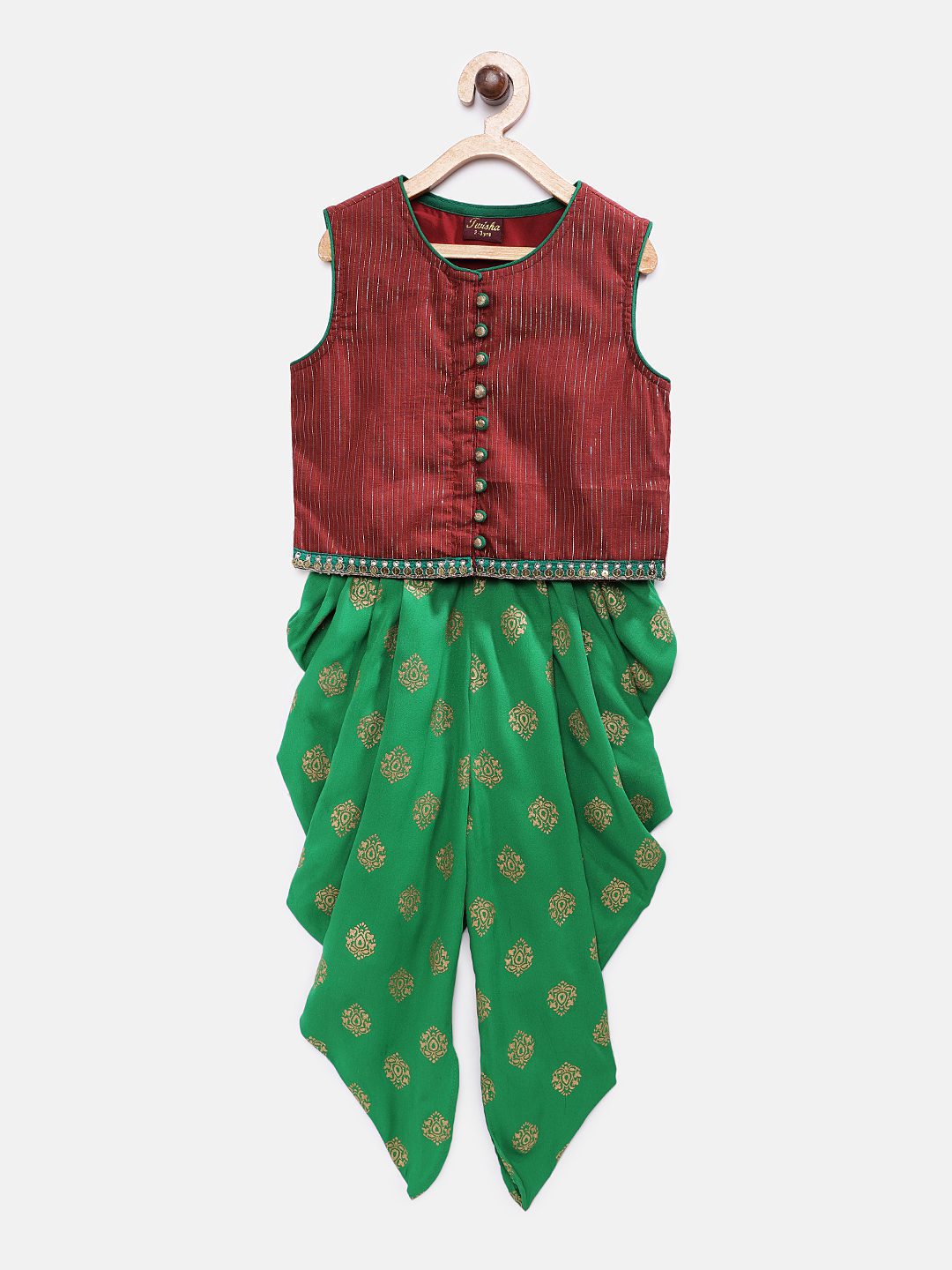 Twisha Girls Top With Potli Button Details & Printed Dhoti - Maroon & Green