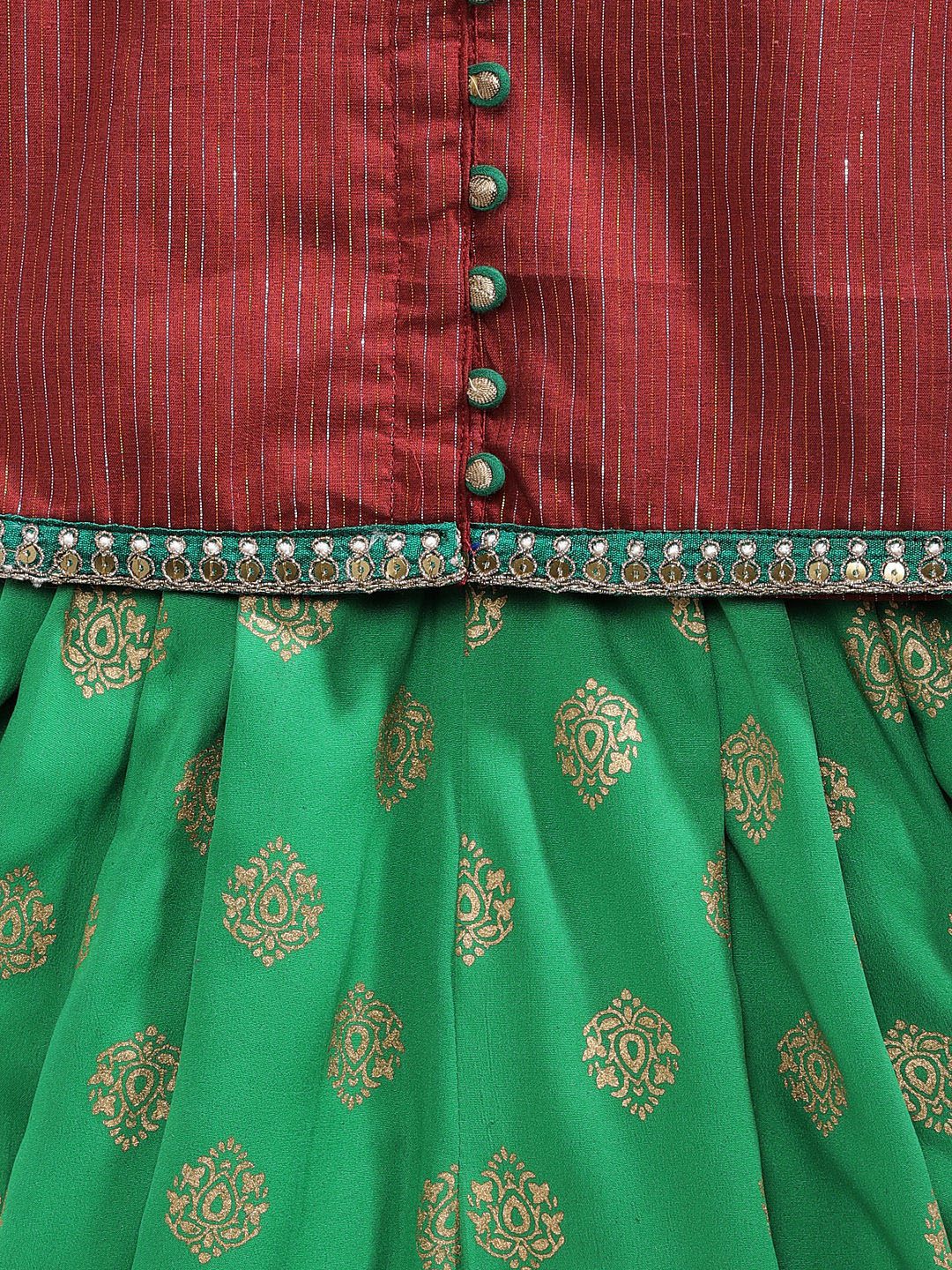 Twisha Girls Top With Potli Button Details & Printed Dhoti - Maroon & Green