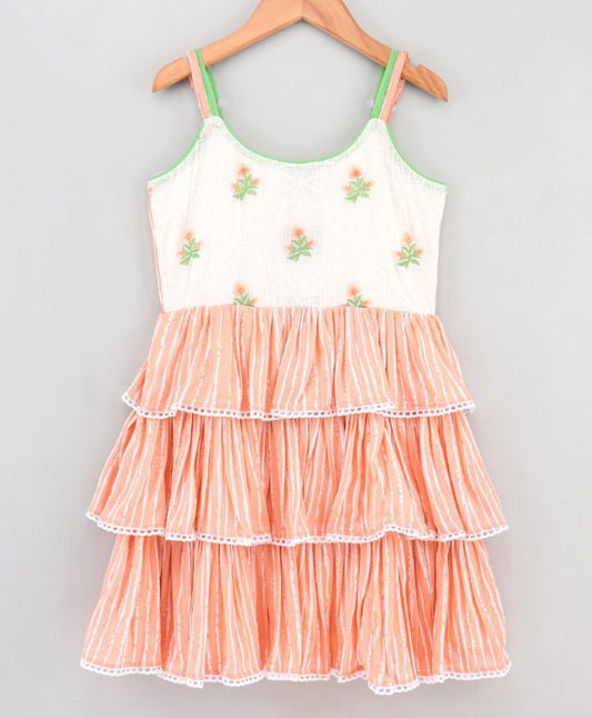 Twisha Girls Embroidered Layered embroidered dress -Peach