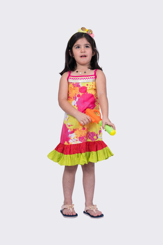 Twisha Girl's Sleeveless Strappy Frilled Multi Coloured Dress - Multicolour