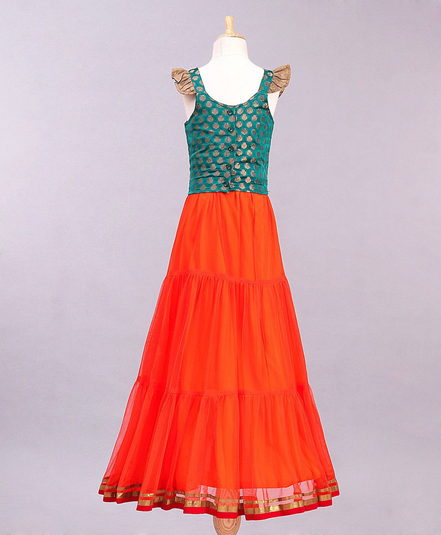 Twisha Girls Brocade Top With Ghagra - Green & Orange