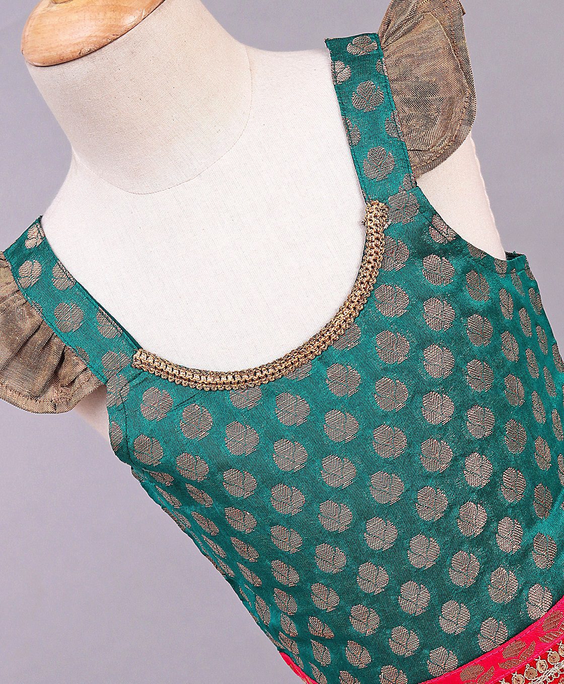 Twisha Girls Brocade Top With Ghagra - Green & Orange