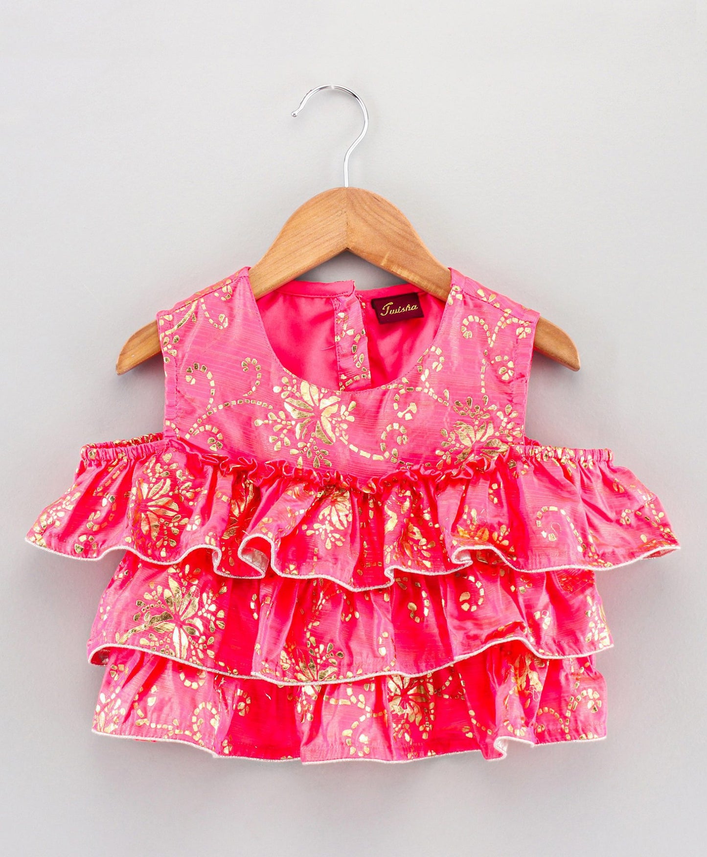 Twisha Girls Printed Frilled Top With Printed Ghagra - Coral & Green