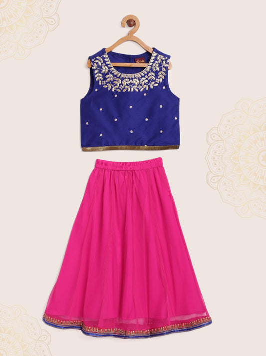 Twisha Girls Sleeveless Embroidered Top With Contrast Ghagra - Blue & Pink