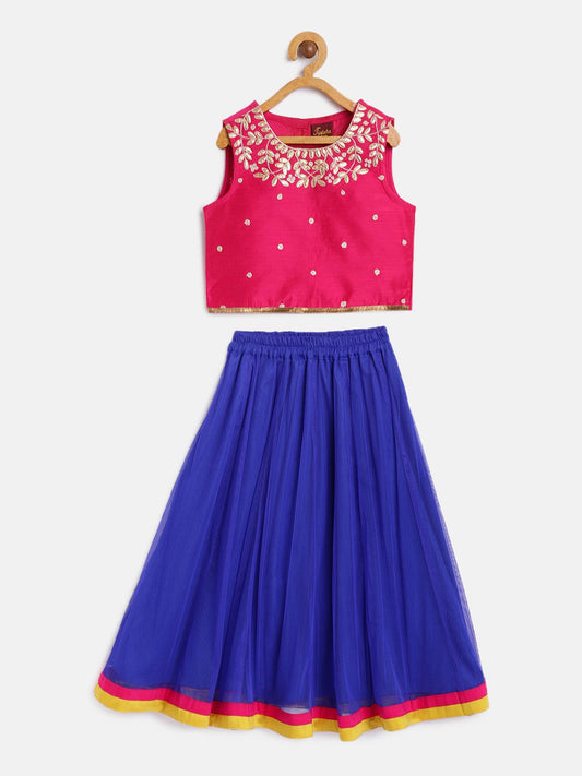 Twisha Girls Embroidered Top With Net Ghagra - Pink & Blue