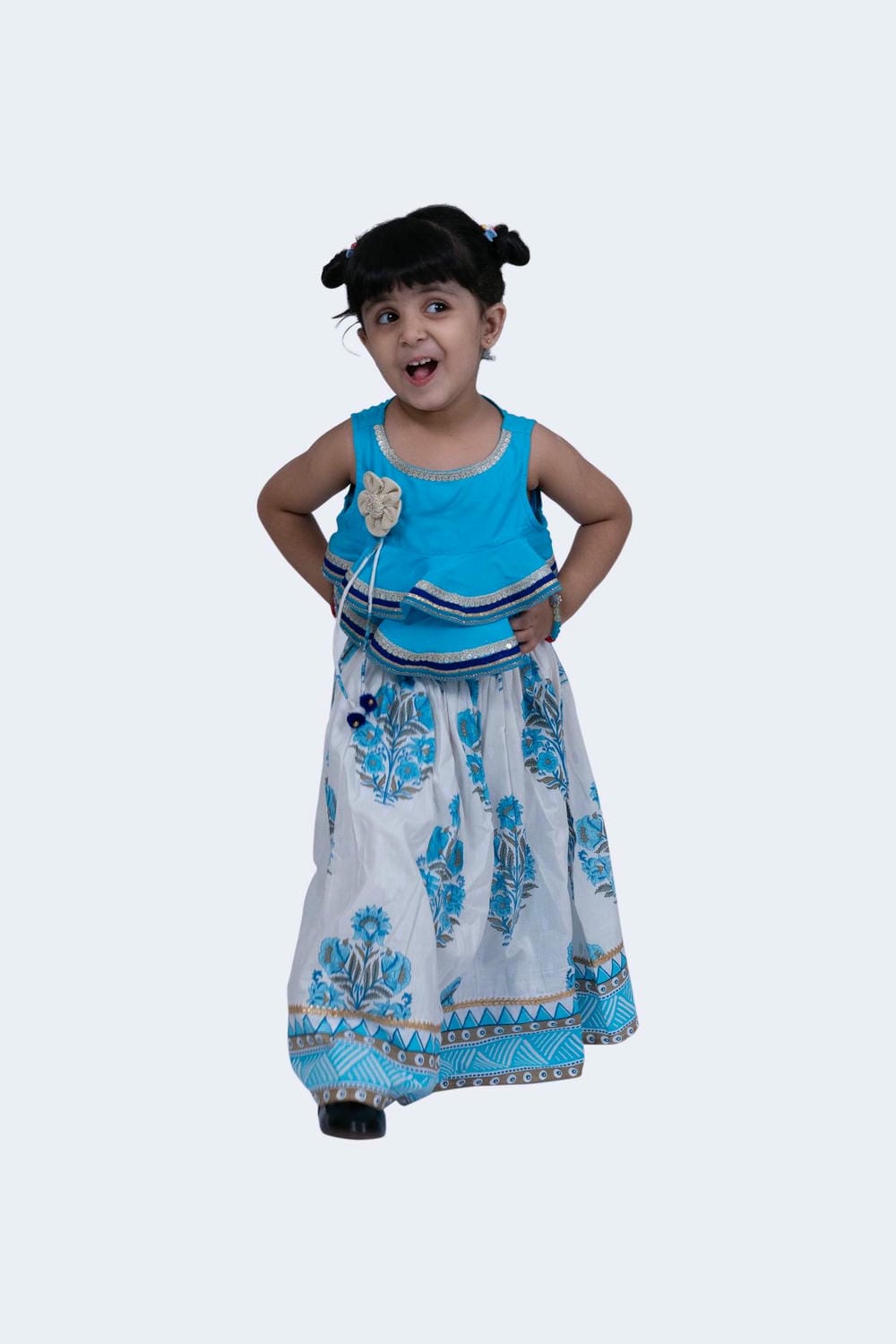 Twisha Girl's Rayon Lace detail frill Top & Mughal Printed Ghagra-Blue & White