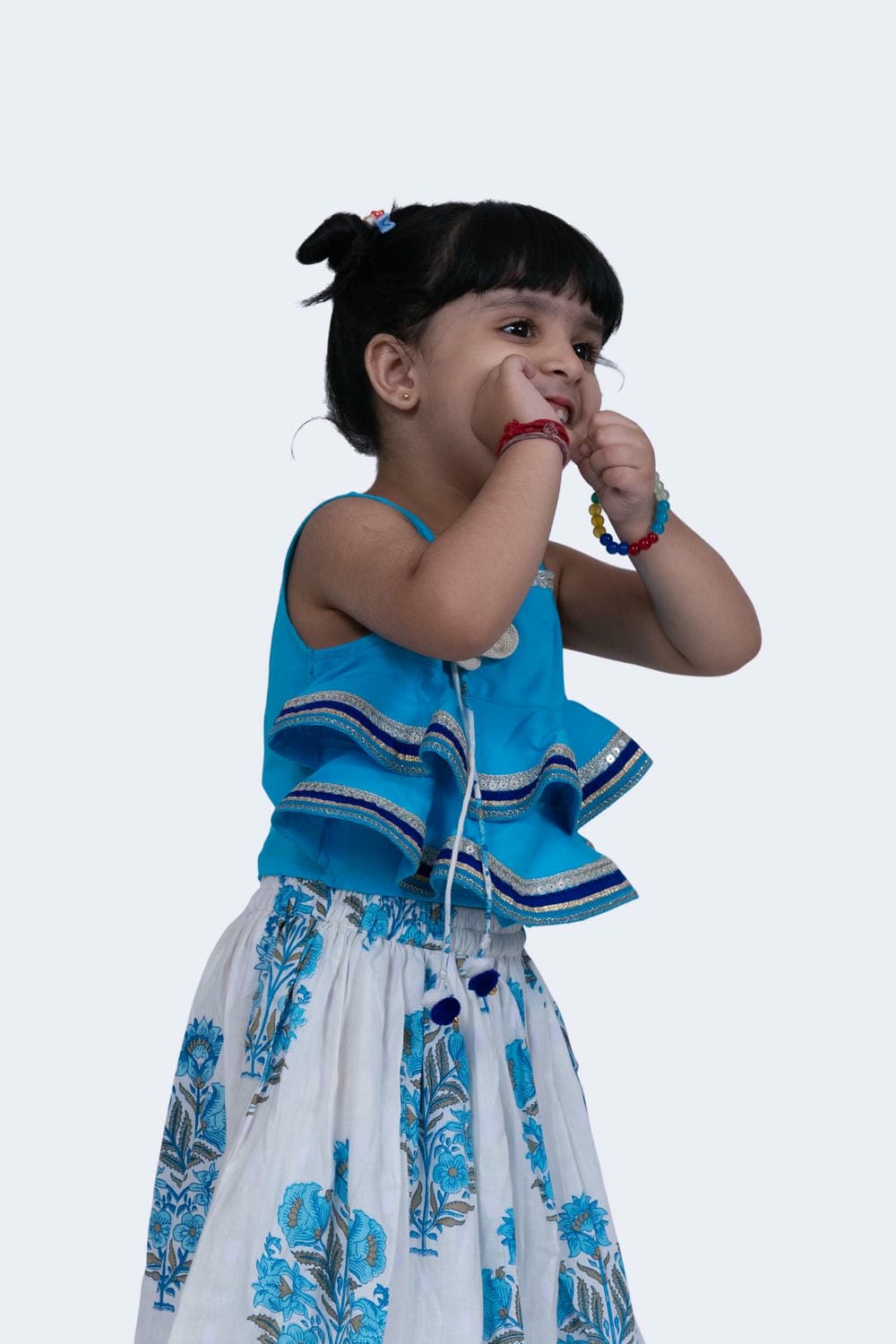 Twisha Girl's Rayon Lace detail frill Top & Mughal Printed Ghagra-Blue & White